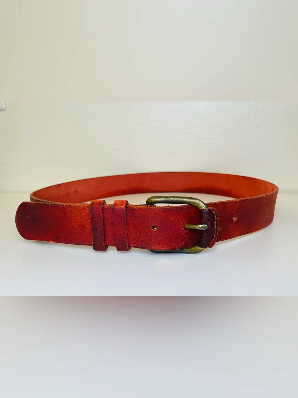 Vintage Men's Red Leather Belt with‎ Antique Brass Buckle Size M